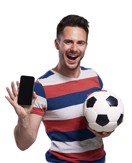 Uomo eccitato con un palloncino e un telefono in mano